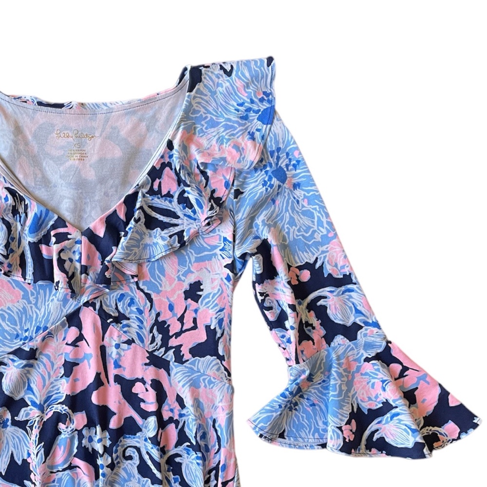 🌸 Lilly Pulitzer Stirling Ruffle Dress 3/4 Bell Sleeve, Bright Navy Amore Please - Picture 7 of 14
